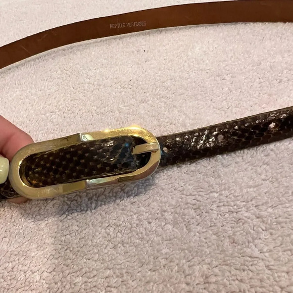 Vtg Reptile Veritable Belt Brown Snakeskin Skinny Leather Gold Plate Buckle 1/2" - Picture 5 of 12